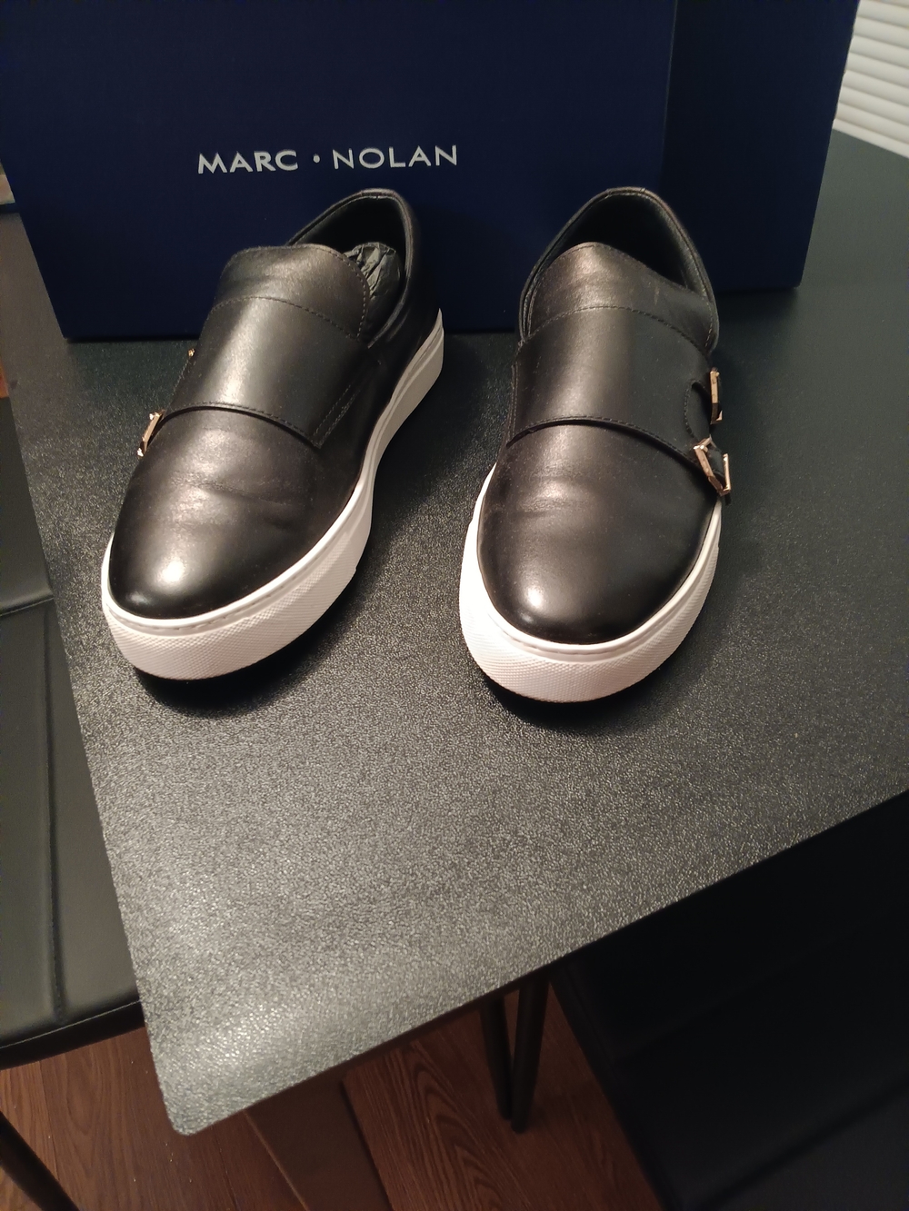 Marc Nolan Men's Black Leather Slip-On Sneakers with White Sole